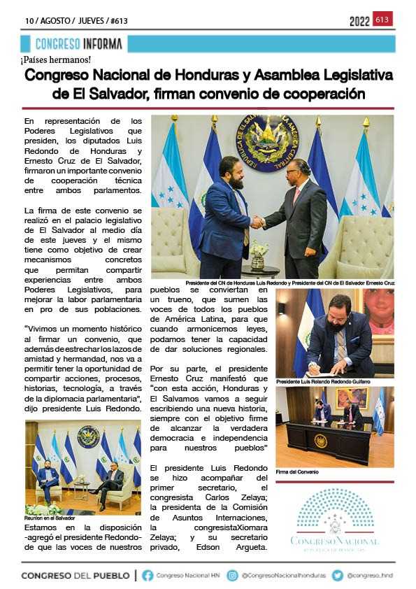 Congreso Nacional de Honduras y Asamblea Legislativa de El Salvador, firman convenio de cooperación